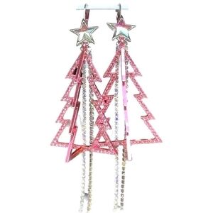 BETSEY JOHNSON Open Silver & Pink Crystal Strand Christmas Tree Dangle Earrings